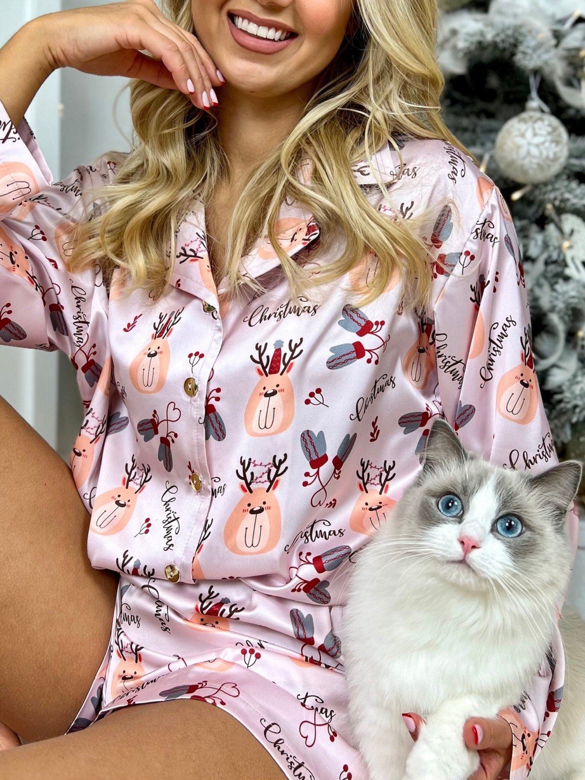 Piżama satynowa SWEET DREAMS by Ricca, renifer/róż