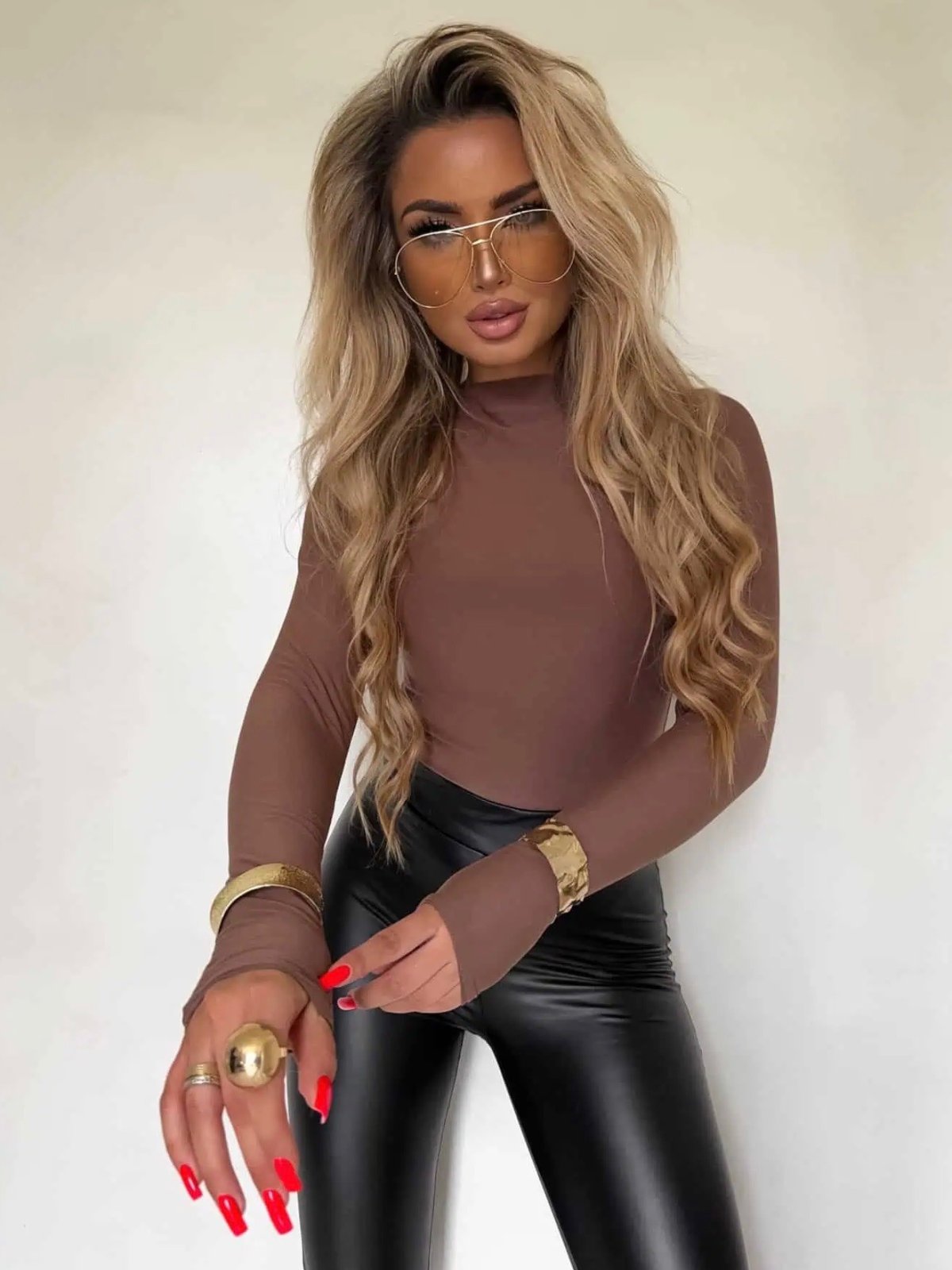 Bluzka SECOND SKIN, gładka/latte