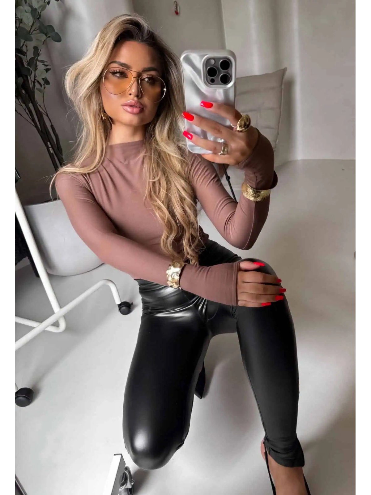 Bluzka SECOND SKIN, gładka/latte