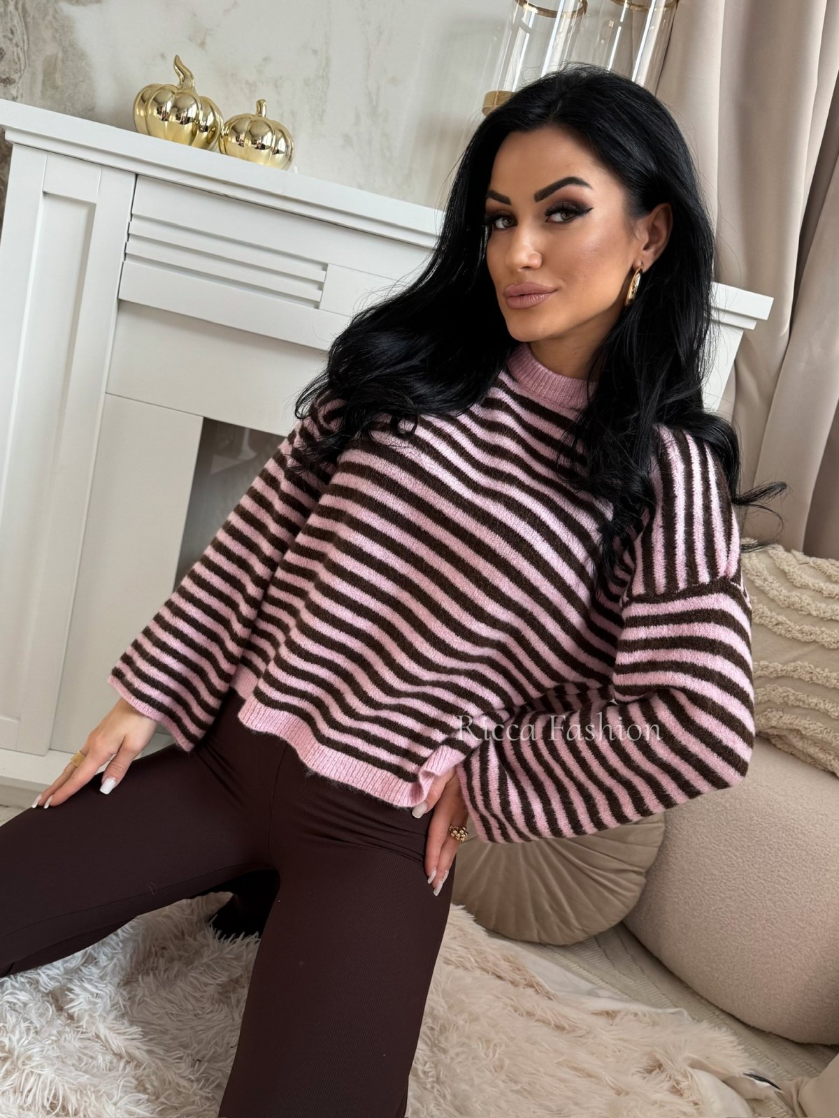 Sweter z wełną JELIS, pink/chocolate