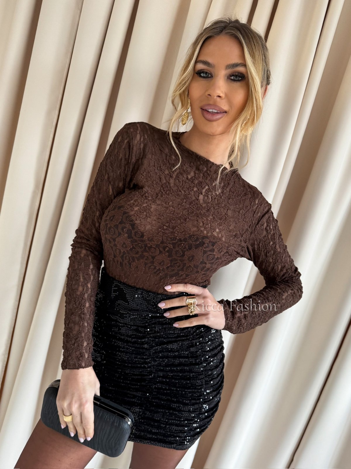 Bluzka koronkowa z półgolfem VERONICA, chocolate