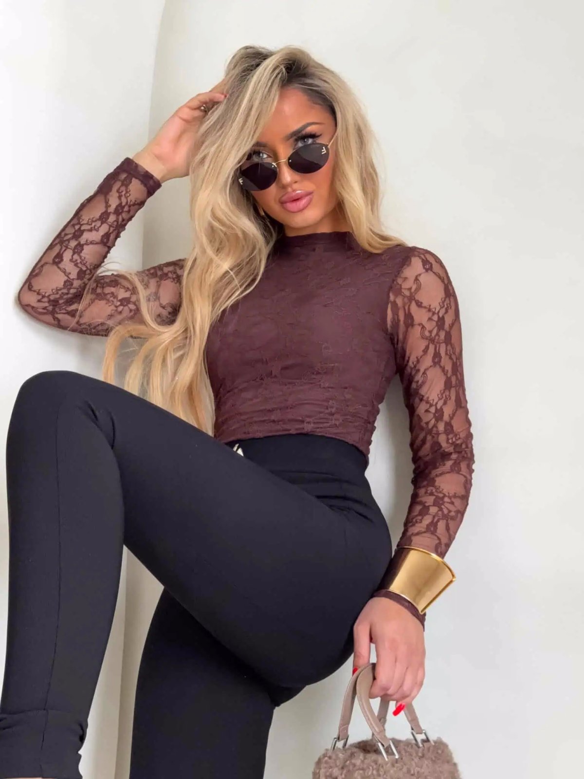 Bluzka SKIN transparent, koronka/czekolada