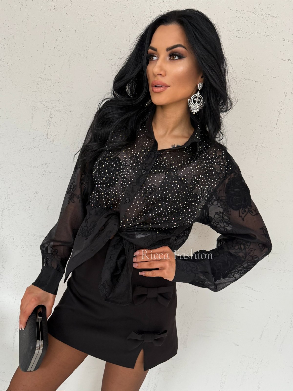 Koszula z błyszczącymi diamencikami GALLIA, black