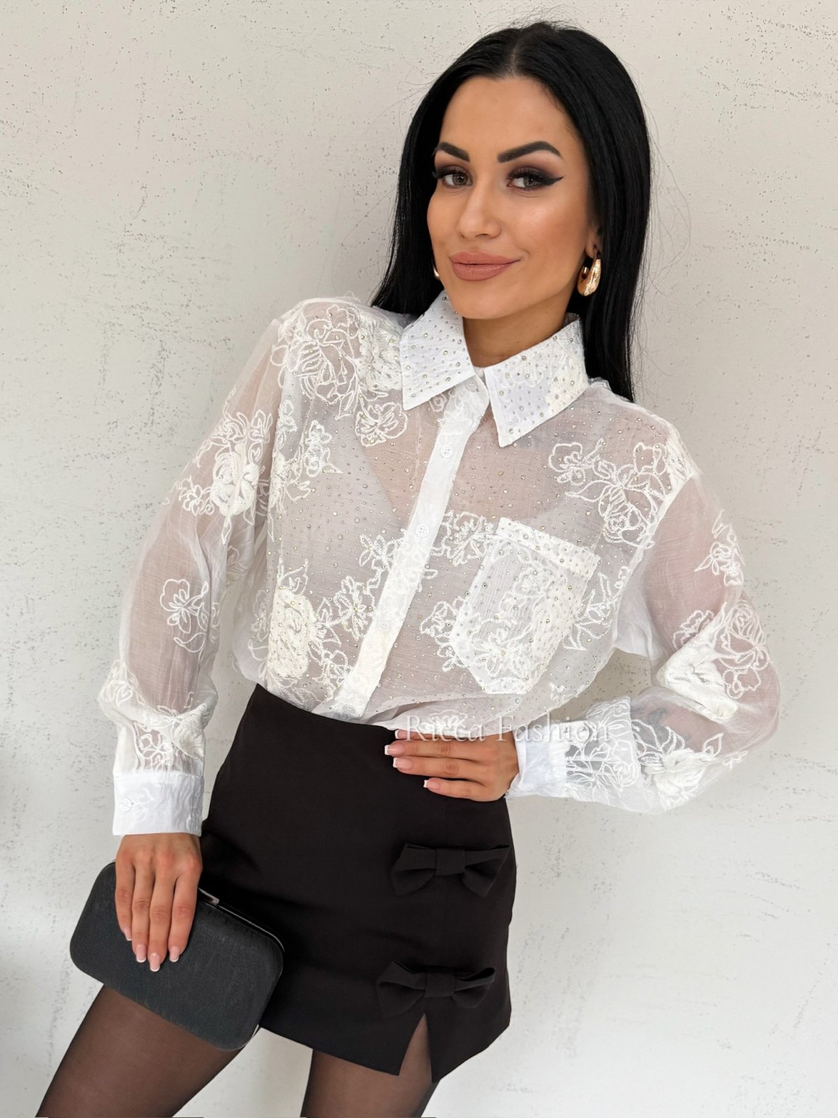 Koszula z błyszczącymi diamencikami GALLIA, white