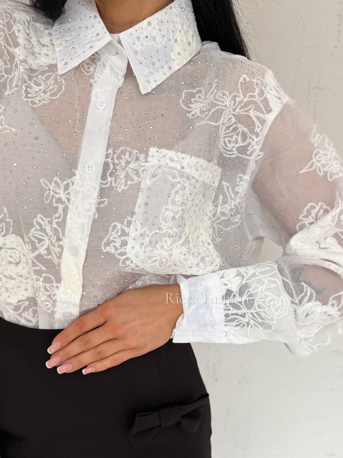 Koszula z błyszczącymi diamencikami GALLIA, white