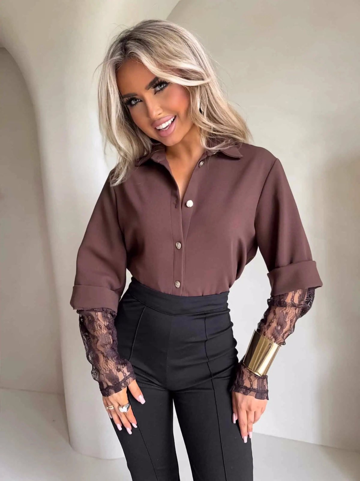 Koszula rękaw KORONKA, czekolada