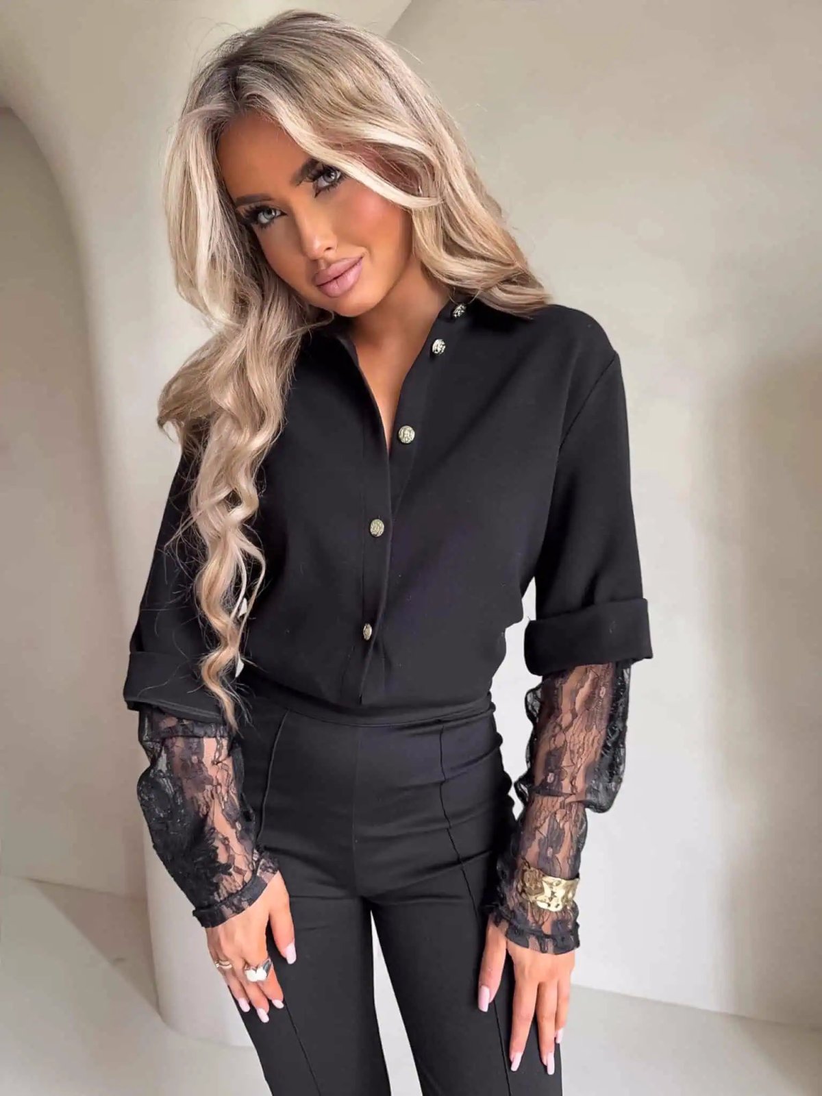Koszula rękaw KORONKA, czarna