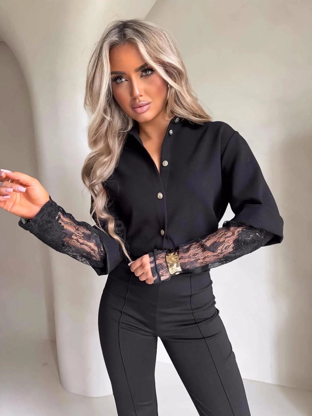 Koszula rękaw KORONKA, czarna