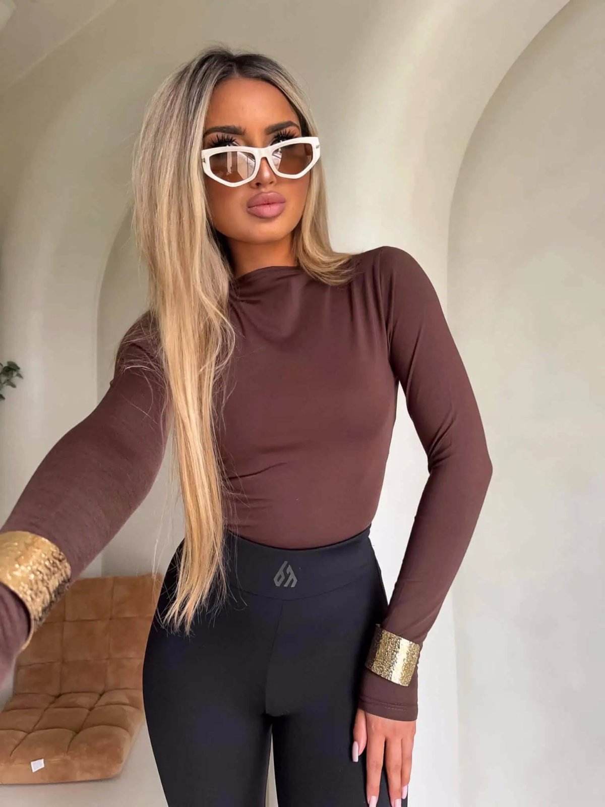 Bluzka SECOND SKIN, gładka/czekolada