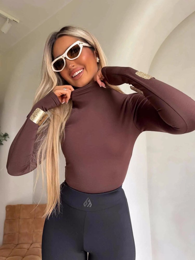 Bluzka SECOND SKIN, gładka/czekolada