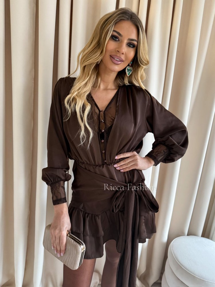 Sukienka satynowa z koronką TAMARA, chocolate