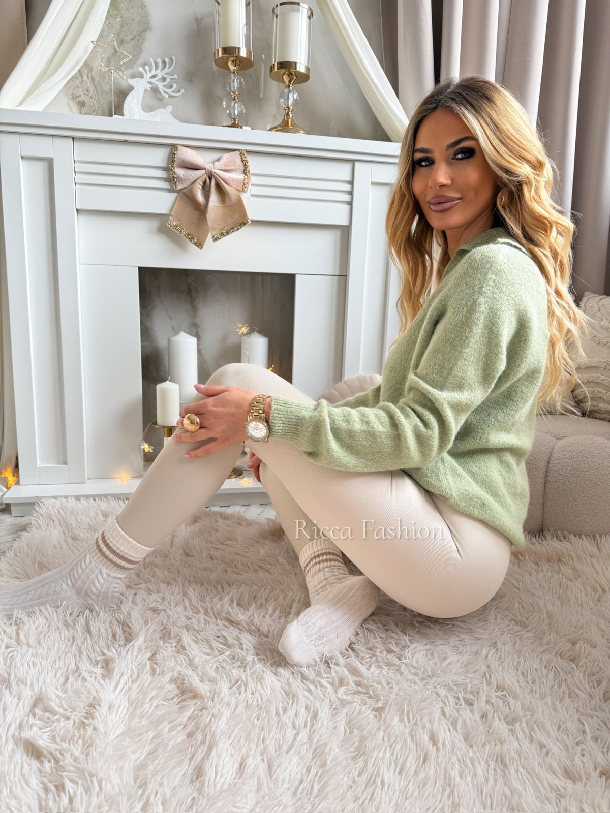 Sweter polo z baby alpaką SOFINE, matcha