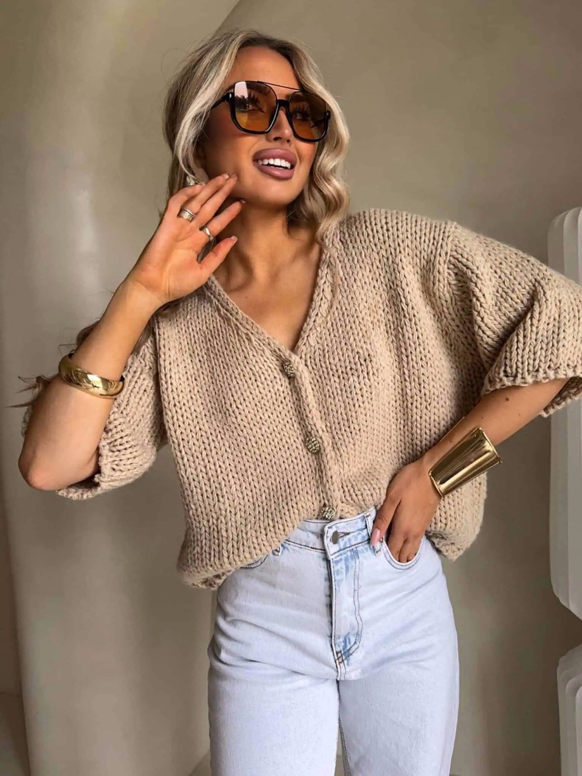 Kardigan z wełną ROYAL, ciepły beż