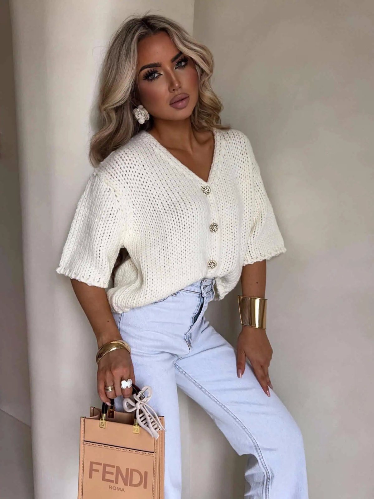 Kardigan z wełną ROYAL, ecru