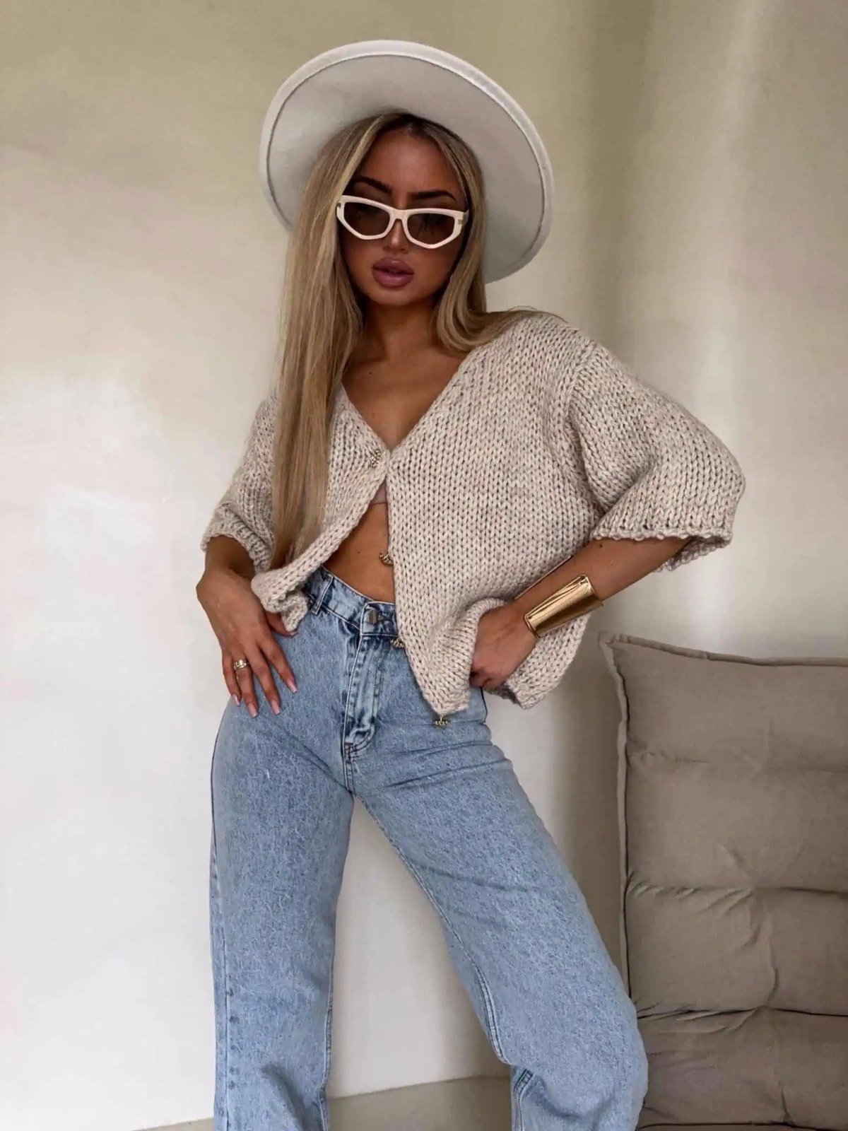 Kardigan z wełną ROYAL, chłodny beż