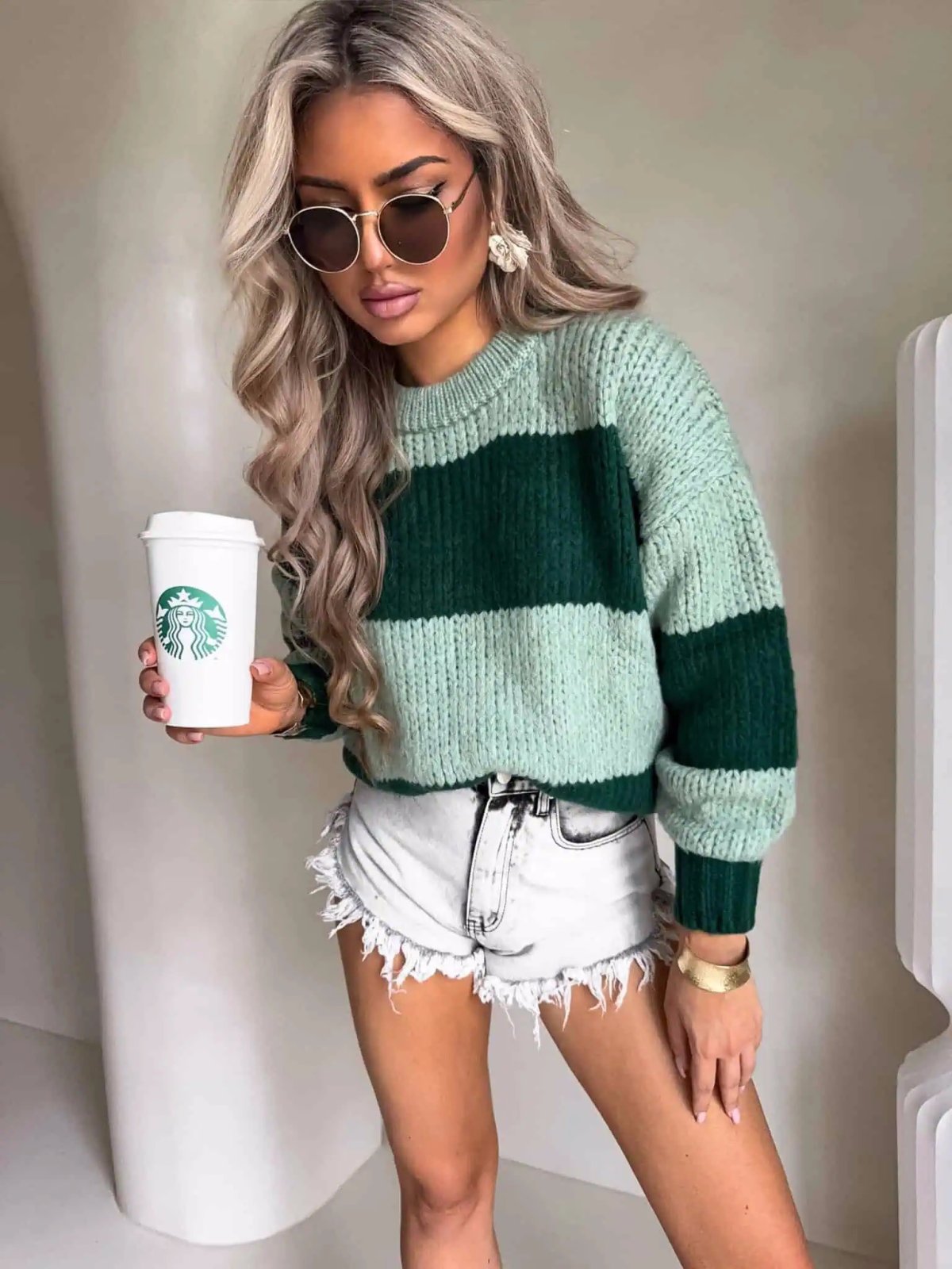 Sweter z wełną LEGEND, pasy/zieleń