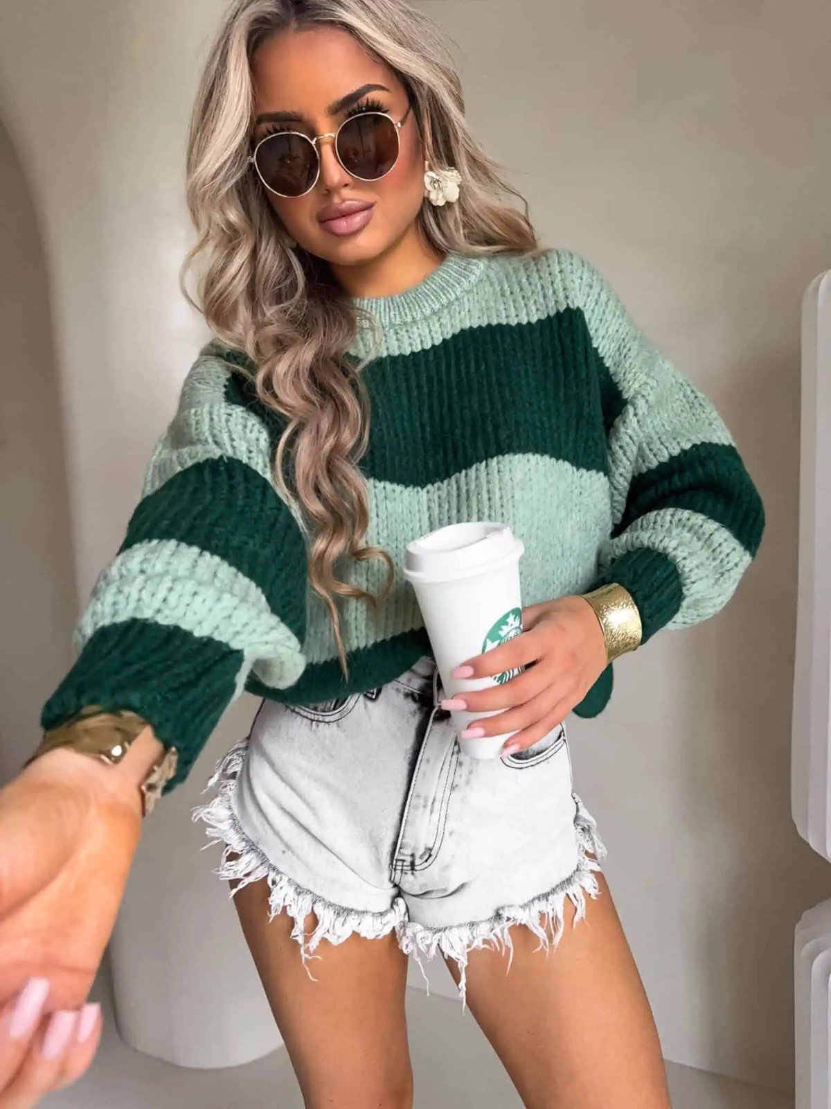 Sweter z wełną LEGEND, pasy/zieleń