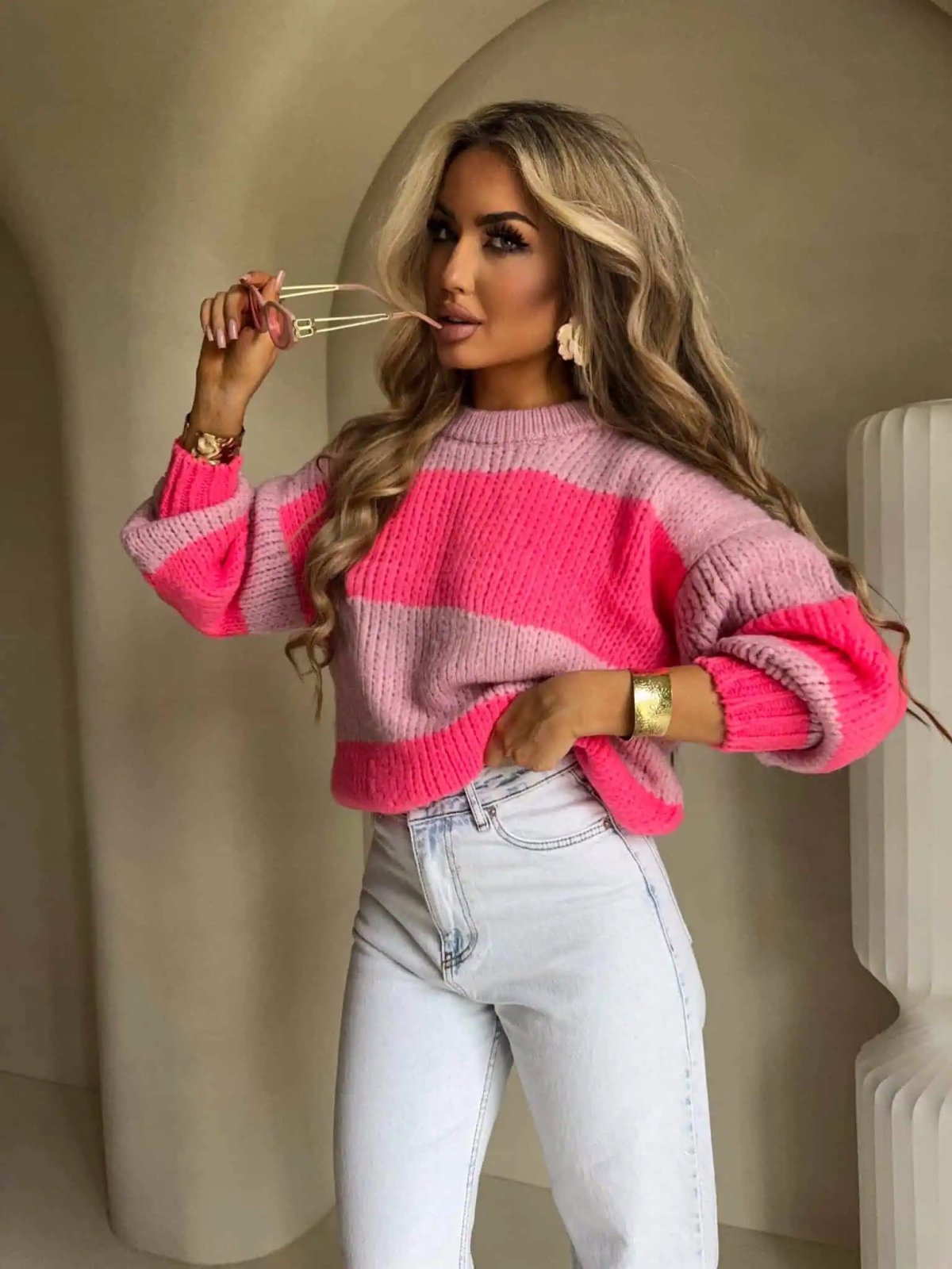 PRE-ORDER Sweter z wełną LEGEND, pasy/jasny róż-koral