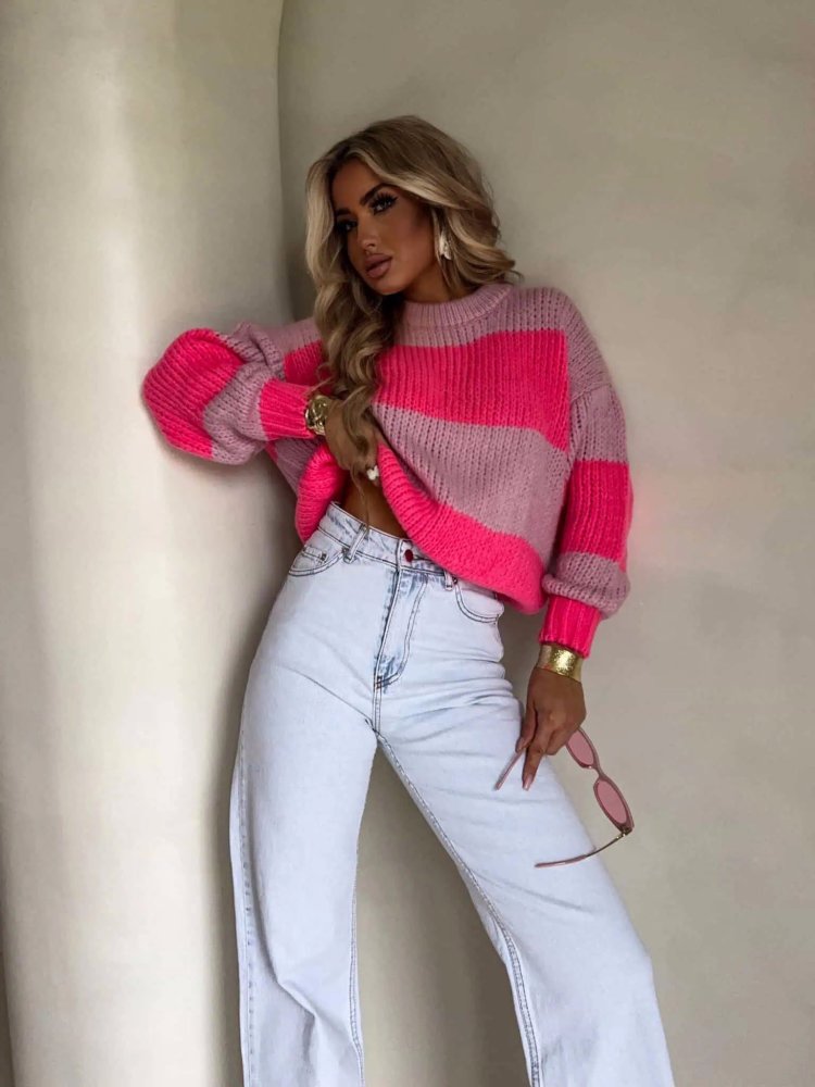 PRE-ORDER Sweter z wełną LEGEND, pasy/jasny róż-koral