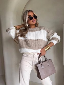 Sweter z wełną LEGEND, pasy/beż-ecru