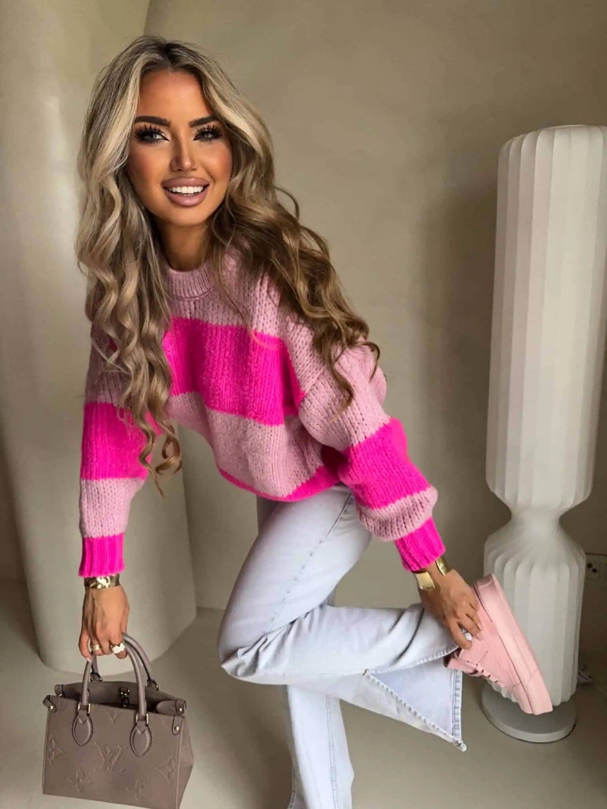 Sweter z wełną LEGEND, pasy/jasny róż-fuksja