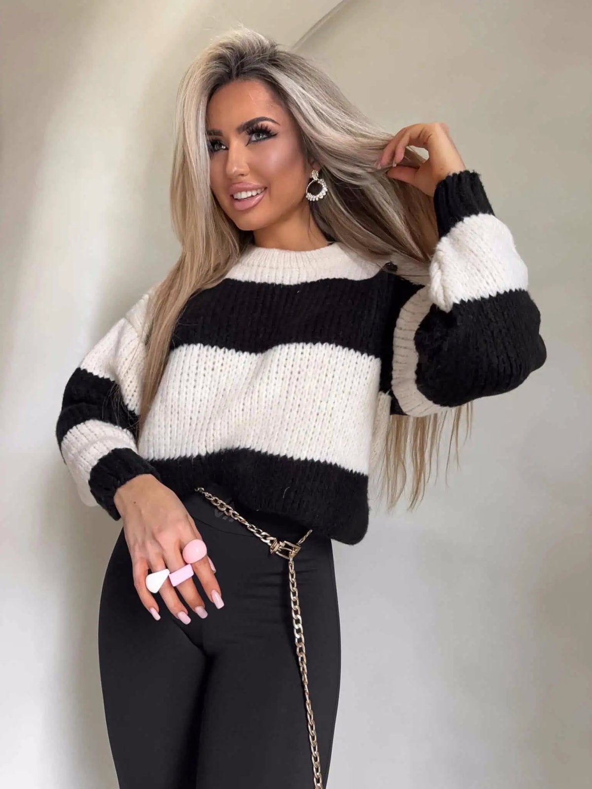 Sweter z wełną LEGEND, pasy/wanilia-czarny