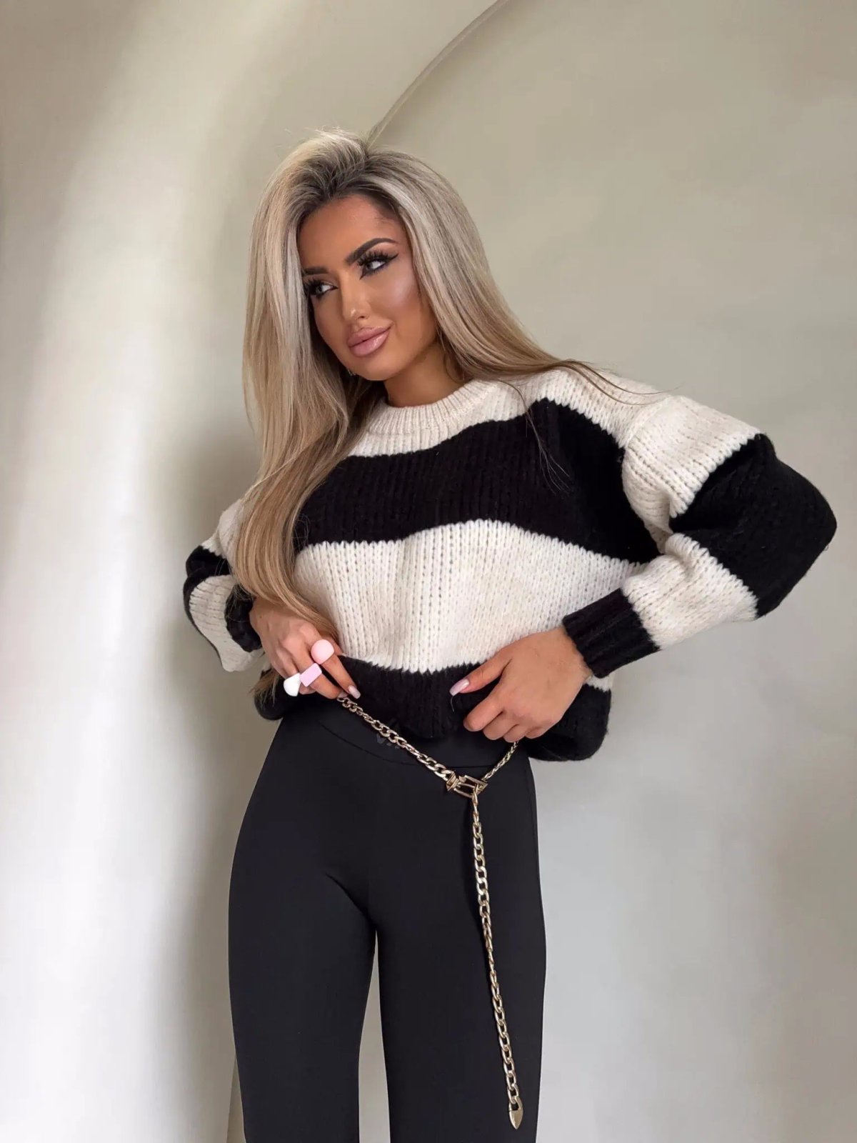 Sweter z wełną LEGEND, pasy/wanilia-czarny