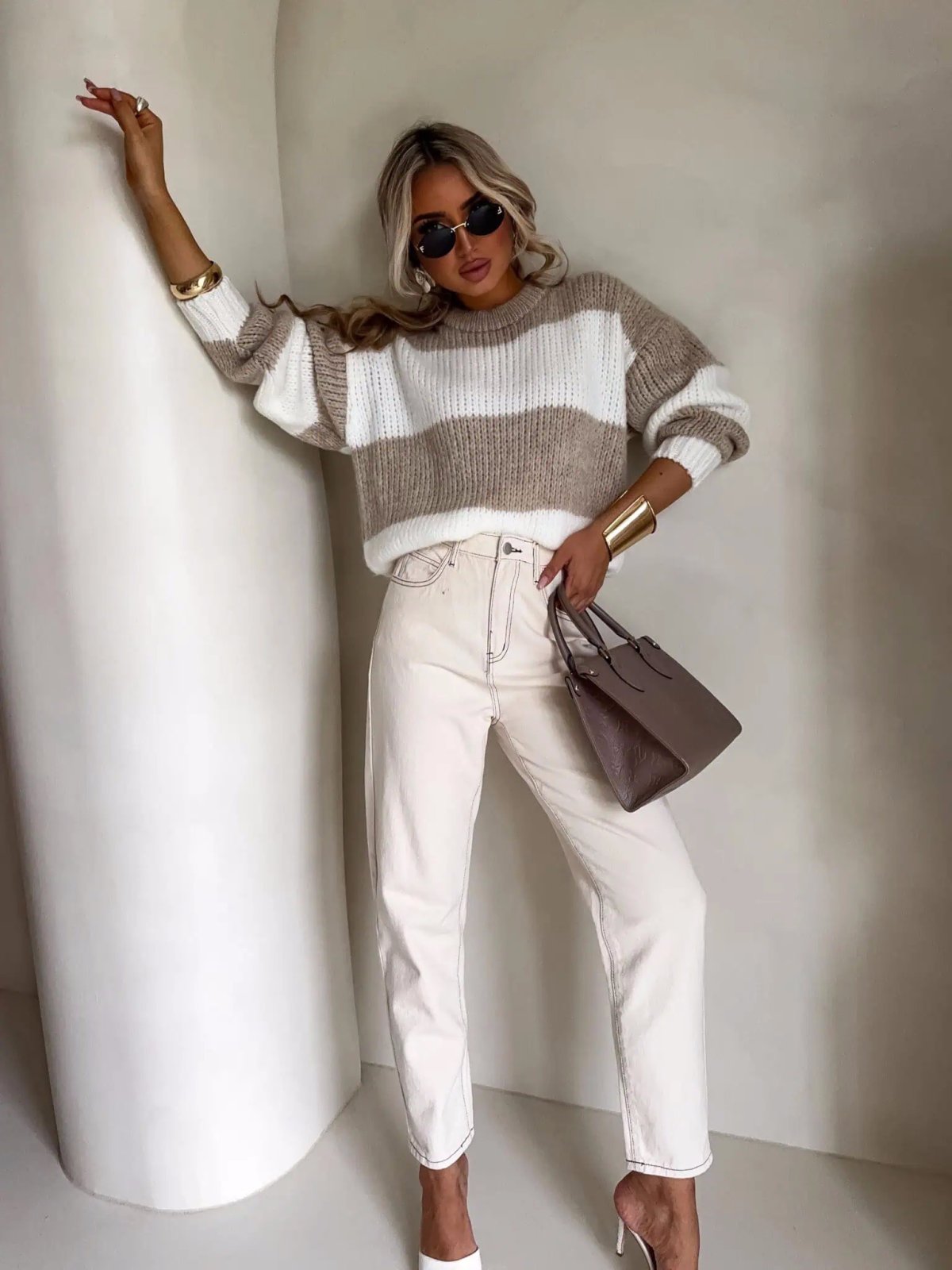 Sweter z wełną LEGEND, pasy/beż-ecru