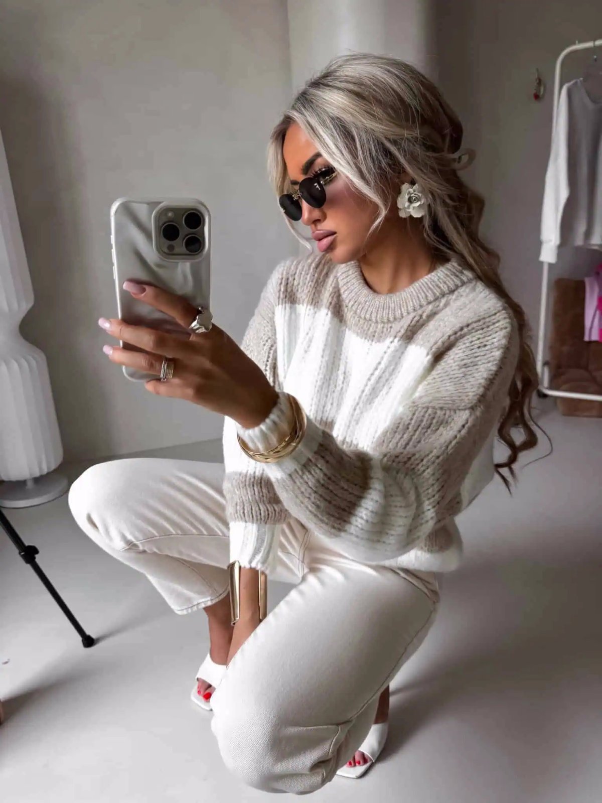 Sweter z wełną LEGEND, pasy/beż-ecru