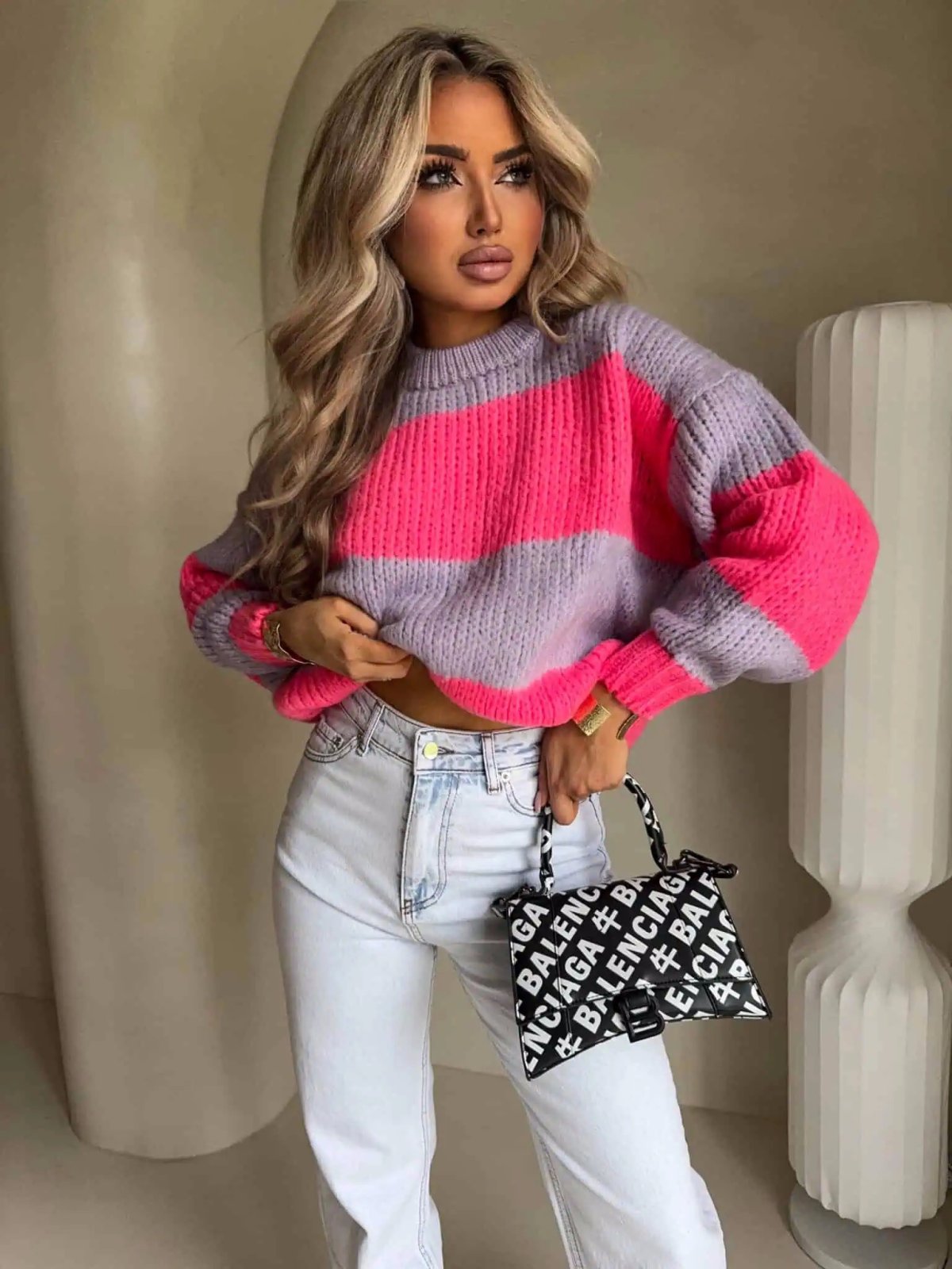 Sweter z wełną LEGEND, pasy/lila-koral