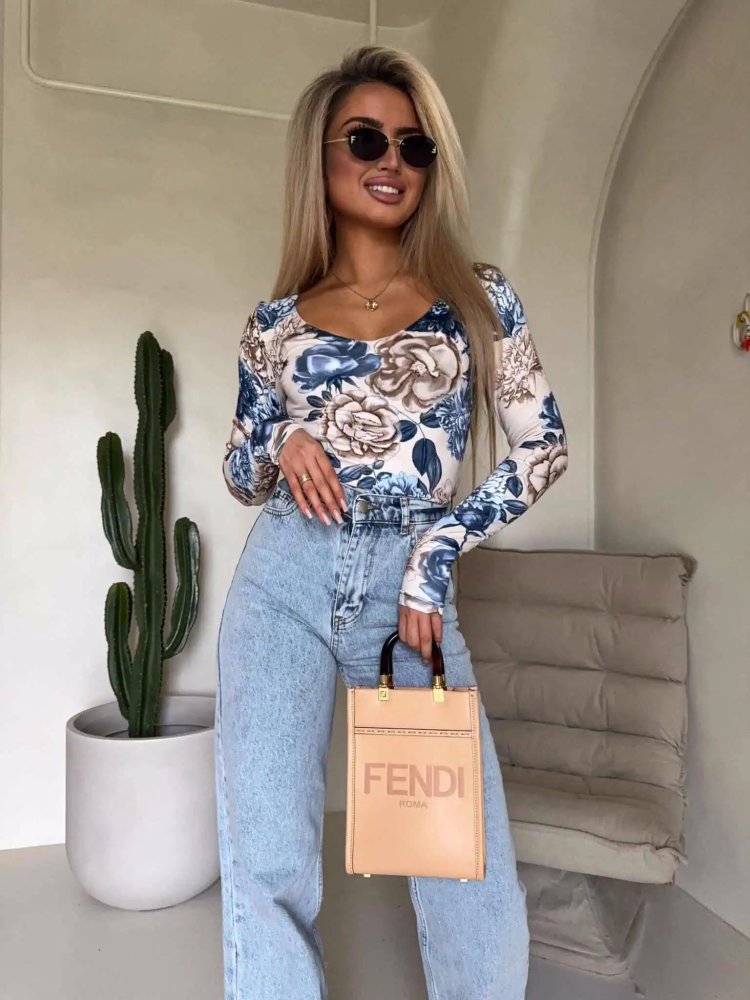 Bluzka VENEZIA print, niebiesko-biała