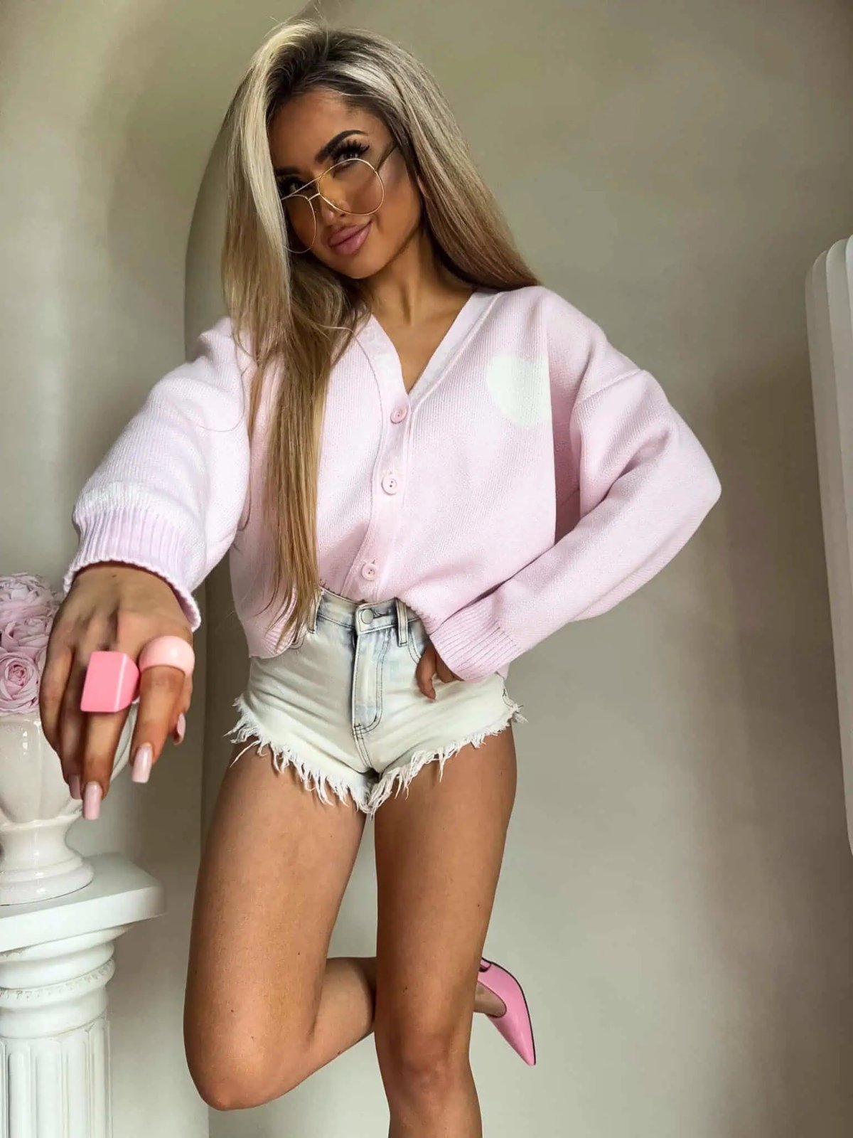 PREORDER Kardigan z wełną SERCA, jasny róż