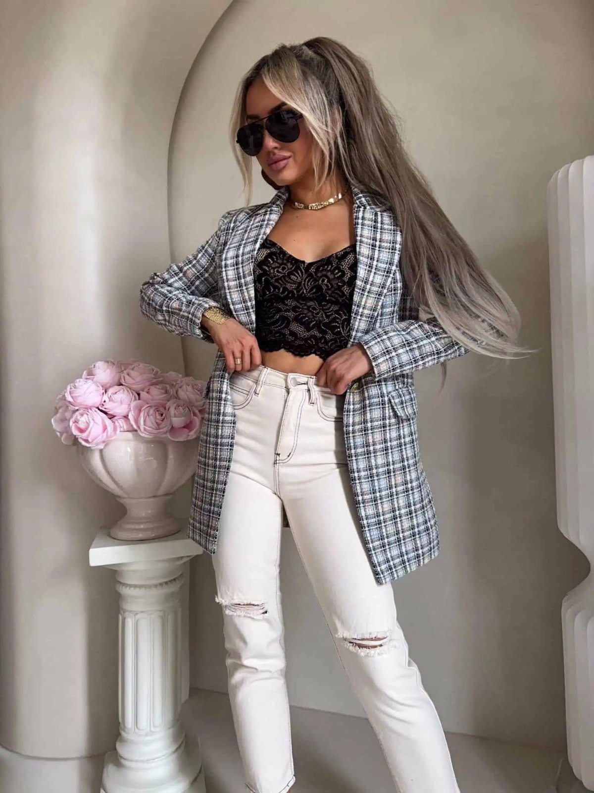 Marynarka LONG, krata szara