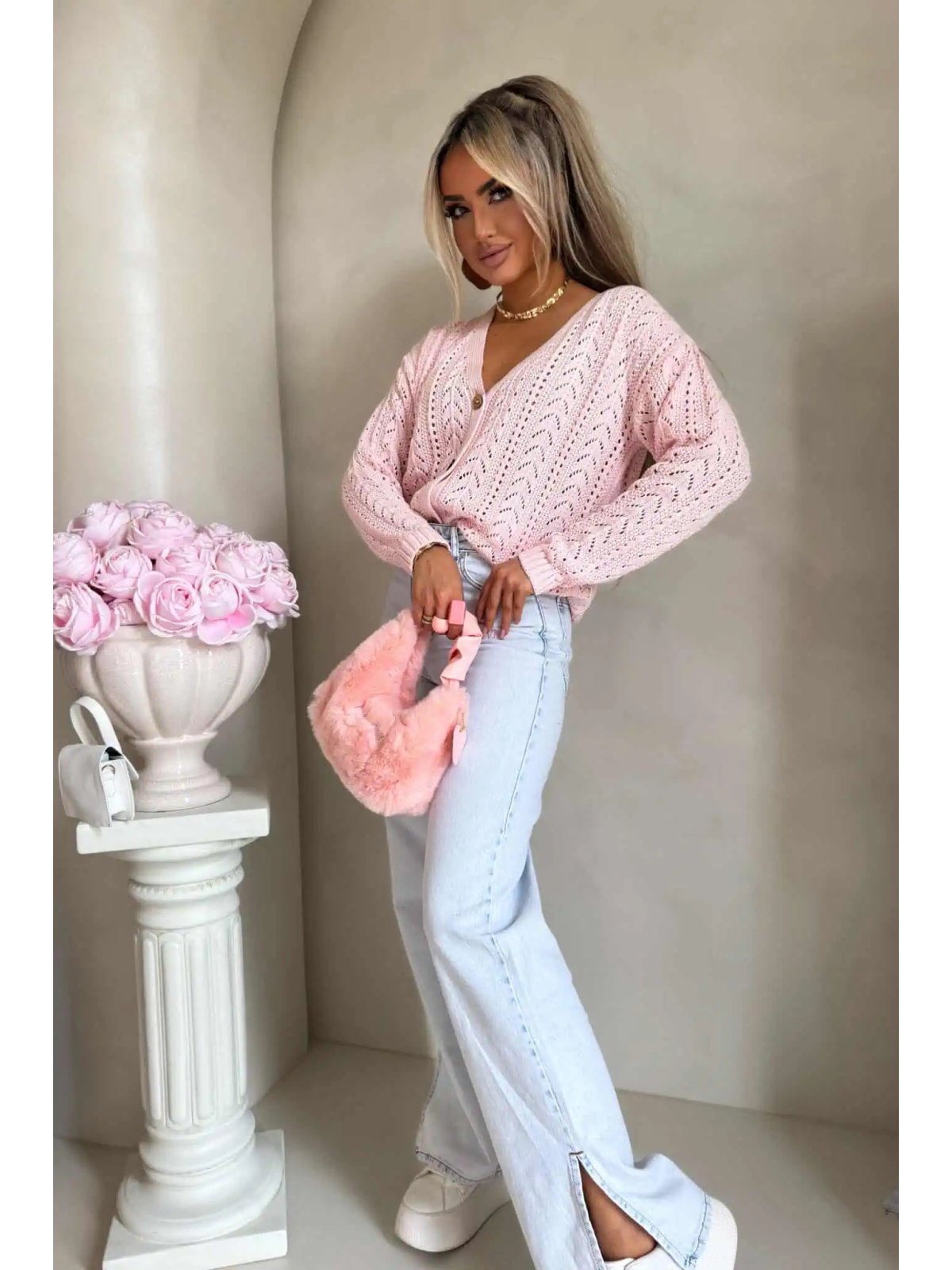 Sweter z bawełny WOOD, jasny róż