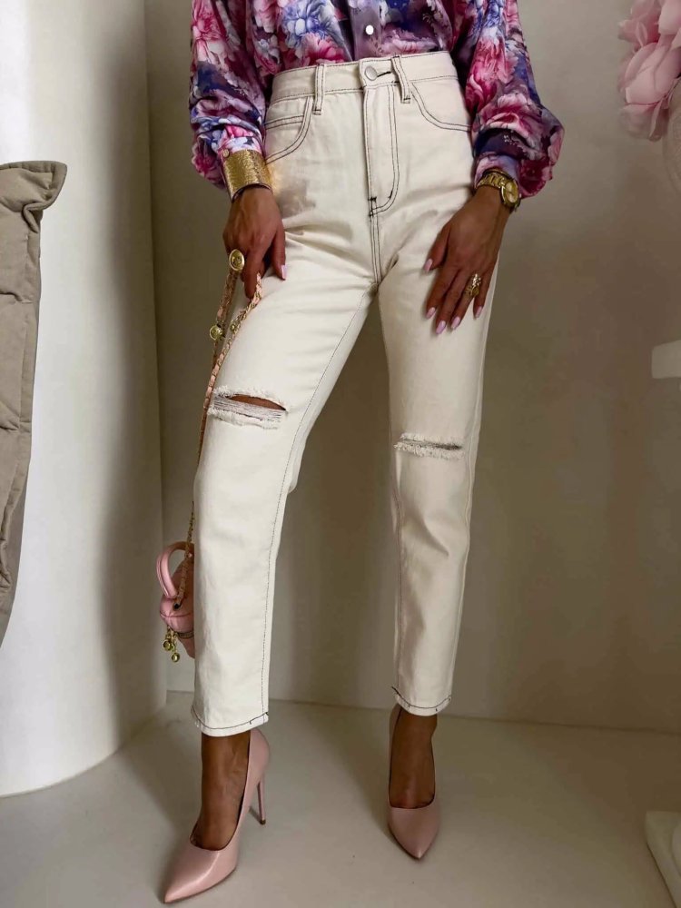 Spodnie mom fit HOLES, jasny beż