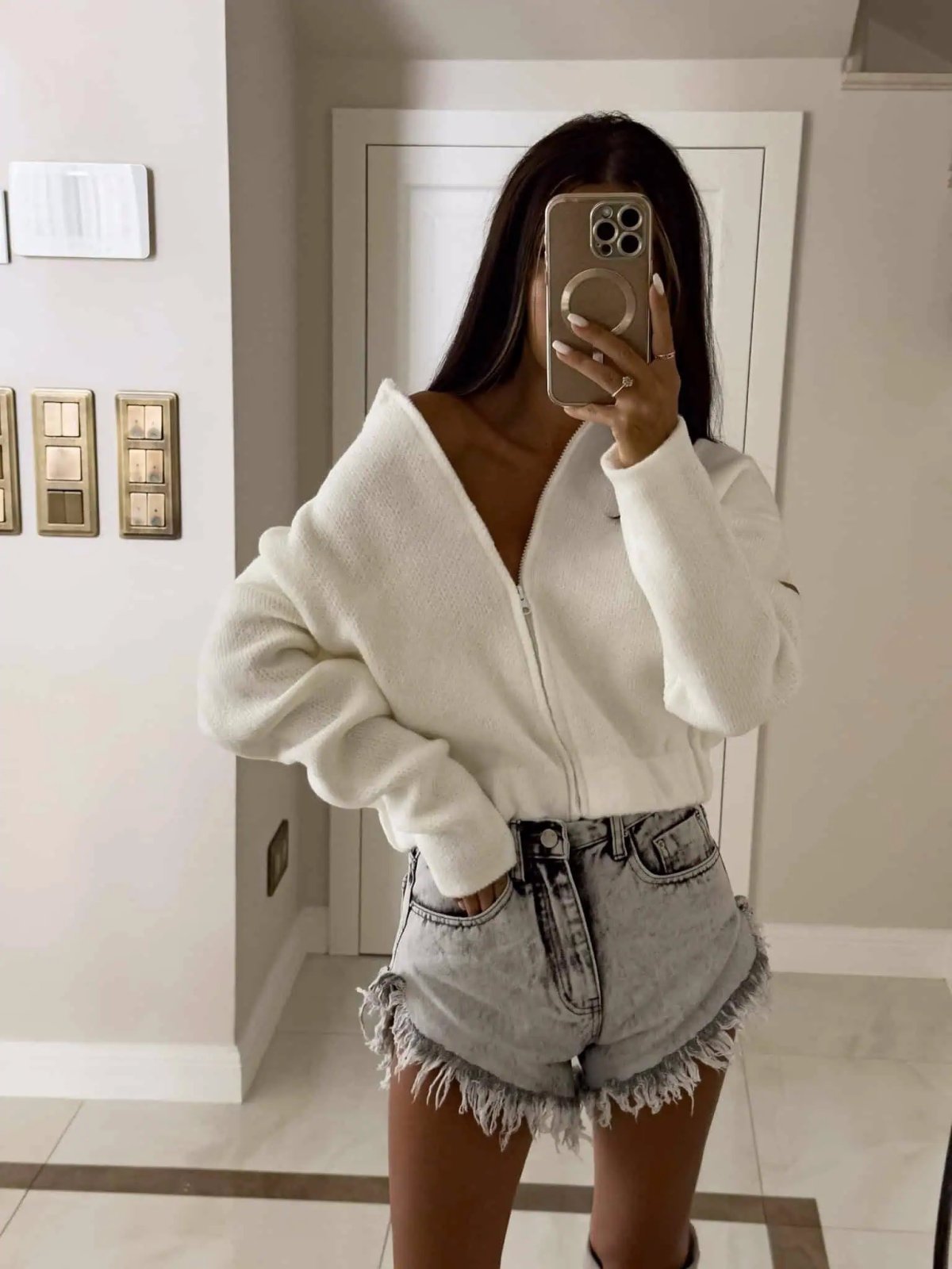 Sweter/bomberka z wełną MOHAIR, ecru