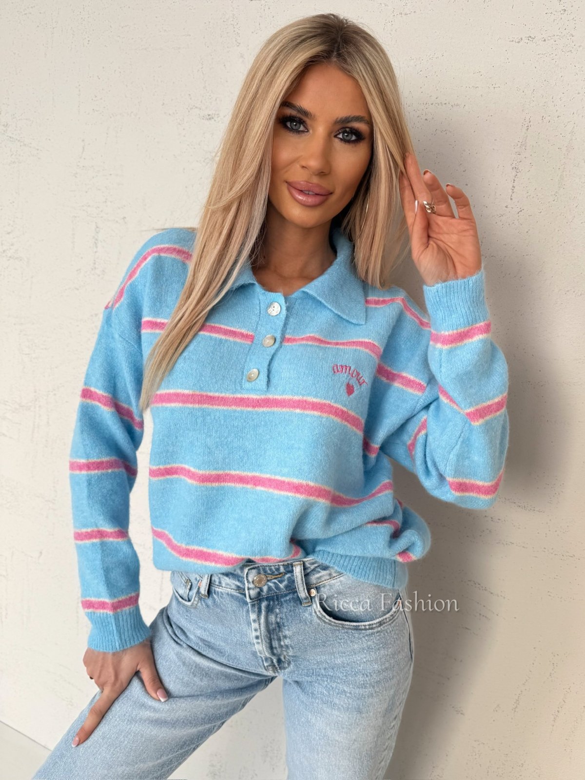 Sweter polo z wełną STANFORD, baby blue