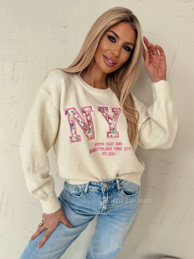 Sweter z wełną NEW YORK, ecru