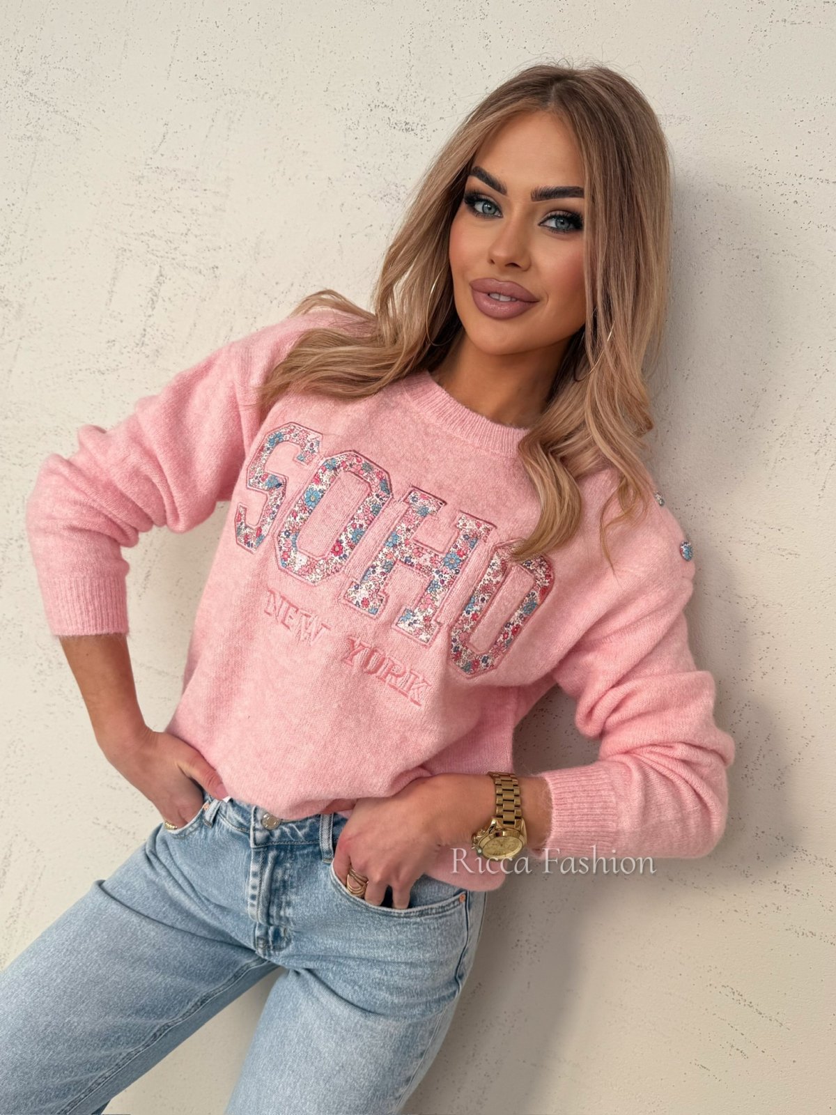 Sweter z wełną SOHO FLOWER, light pink