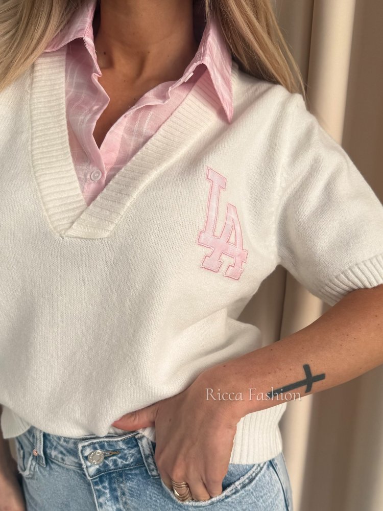 Sweter z wiskozą OXFORD, ecru/pink