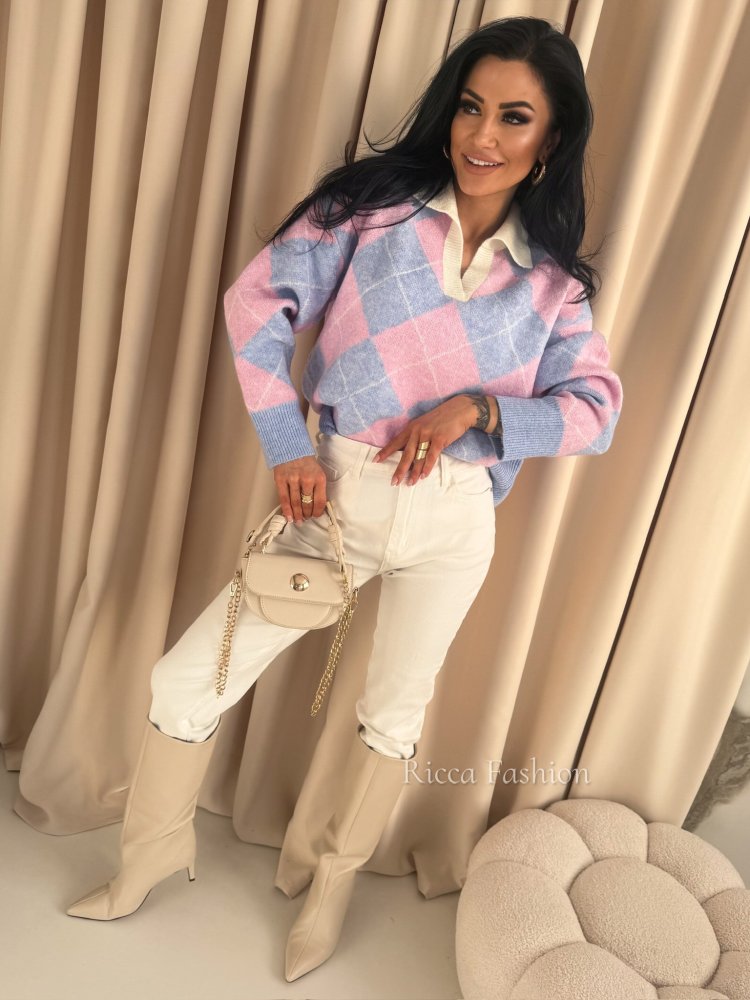 Sweter polo SHELLY, blue/pink