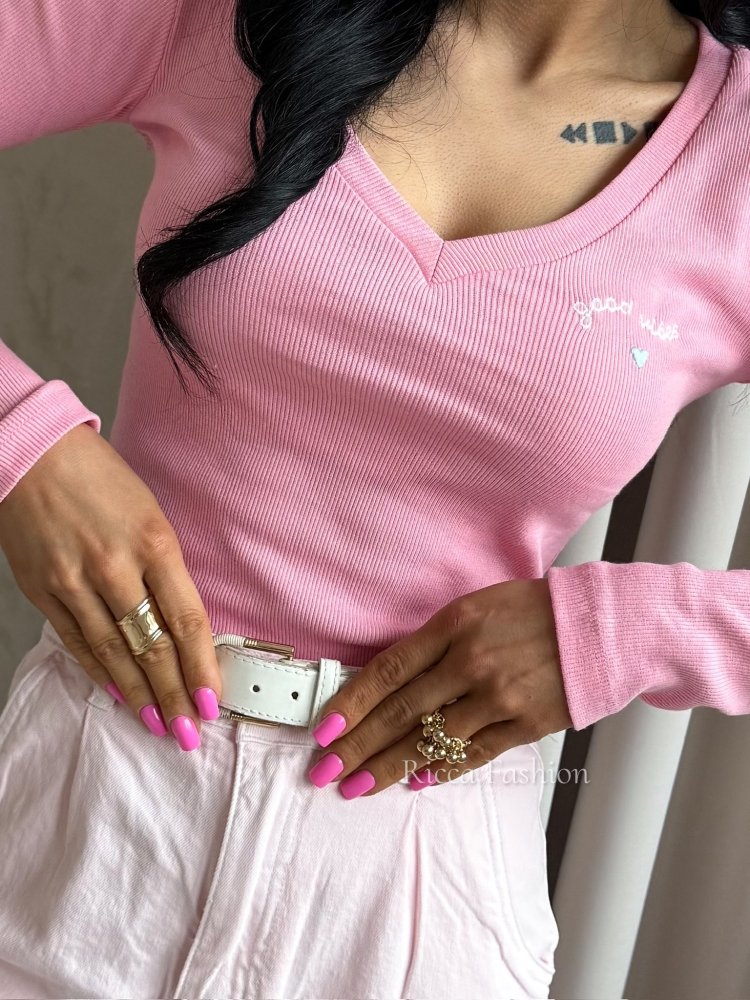 Bluzka prążkowana GOOD VIBES, sweet pink