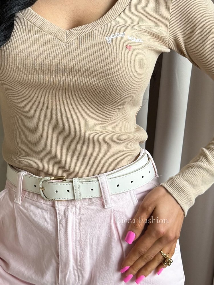 Bluzka prążkowana GOOD VIBES, beige