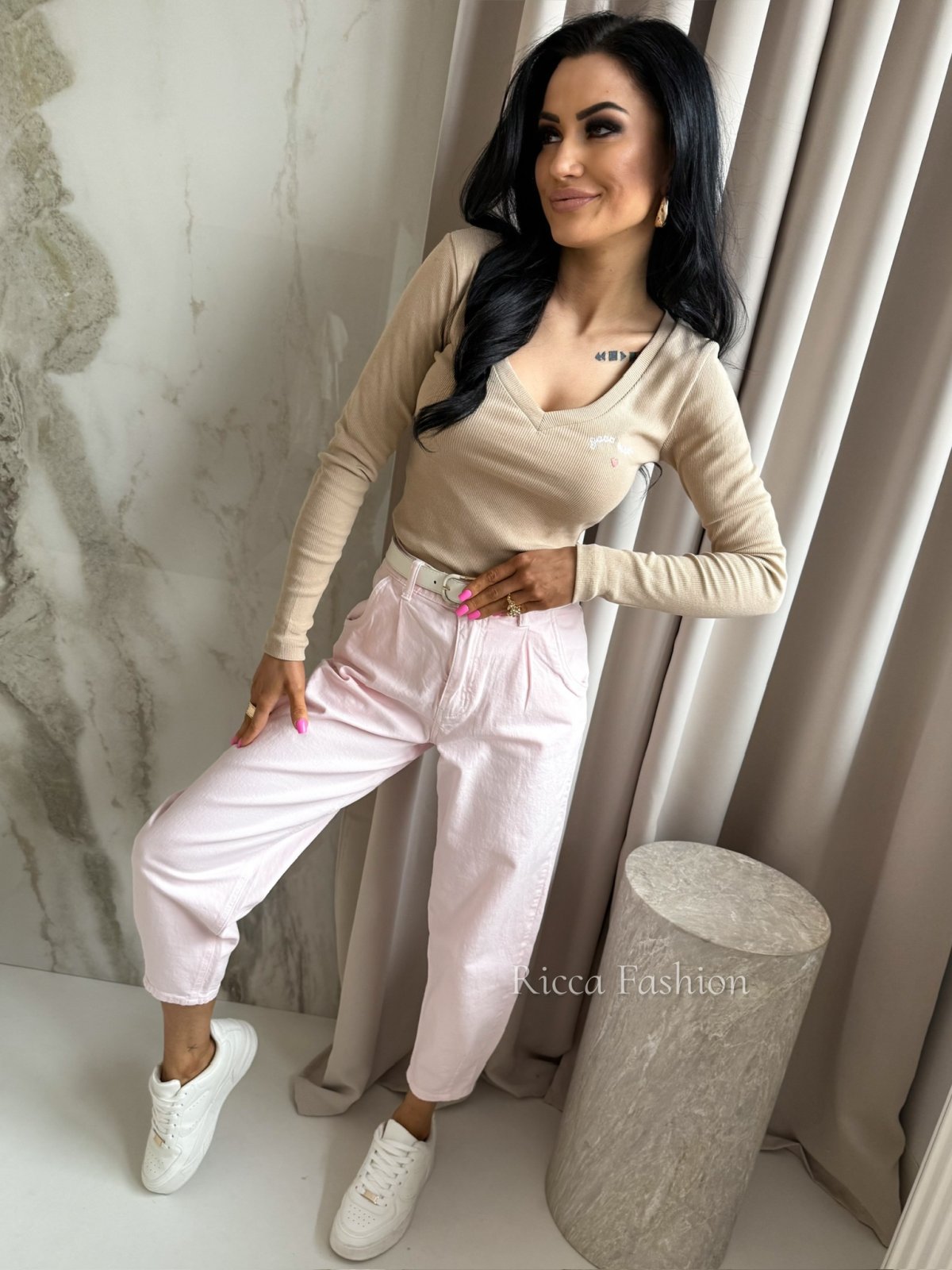 Bluzka prążkowana GOOD VIBES, beige