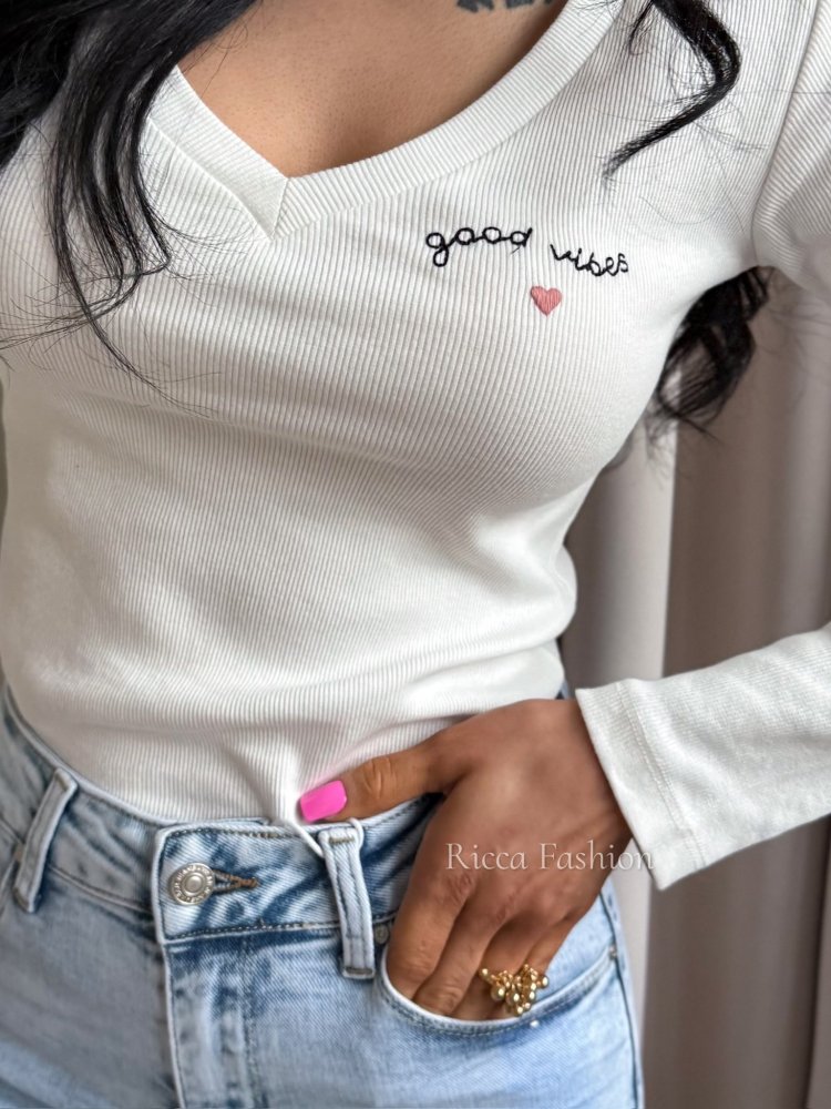 Bluzka prążkowana GOOD VIBES, ecru