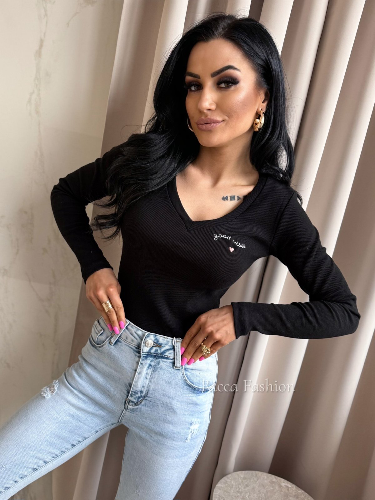 Bluzka prążkowana GOOD VIBES, black