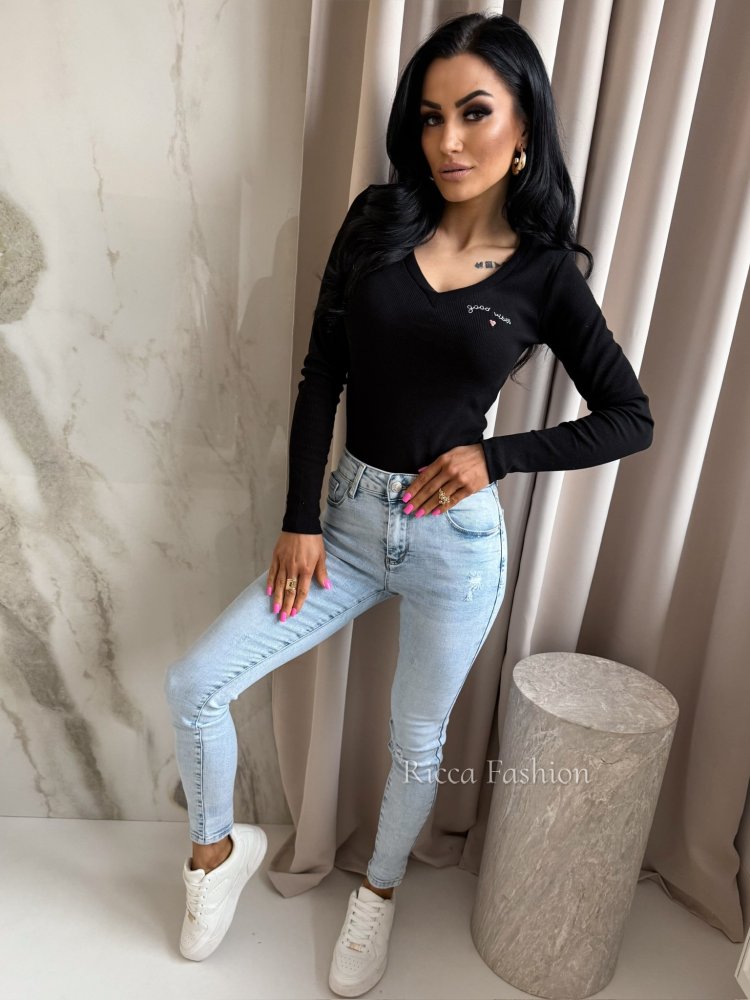 Bluzka prążkowana GOOD VIBES, black