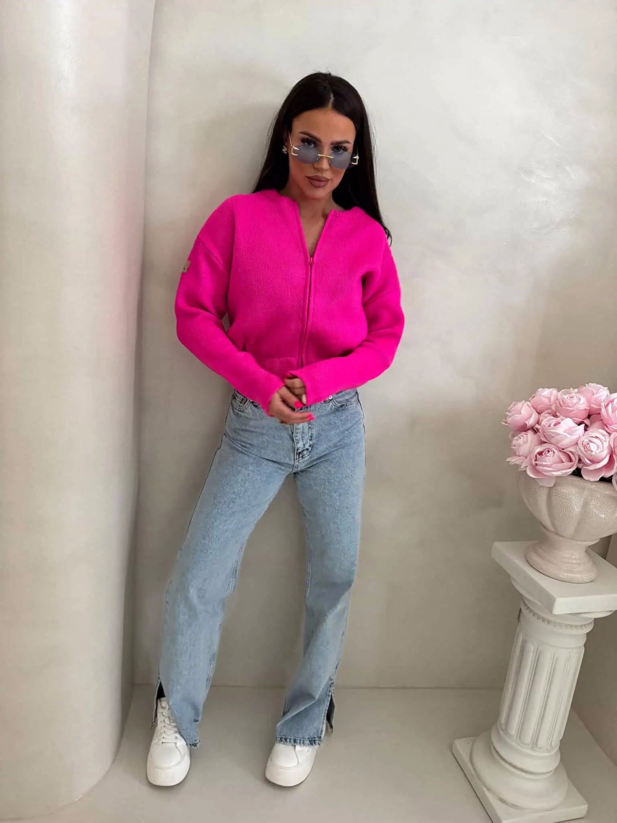 Sweter/bomberka z wełną MOHAIR, fuksja