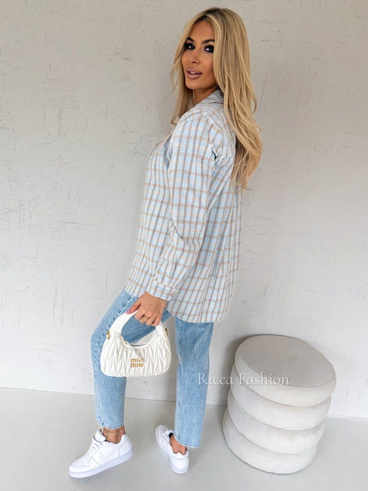 Koszula bawełniana w kratę ZIVA, błękit/beż