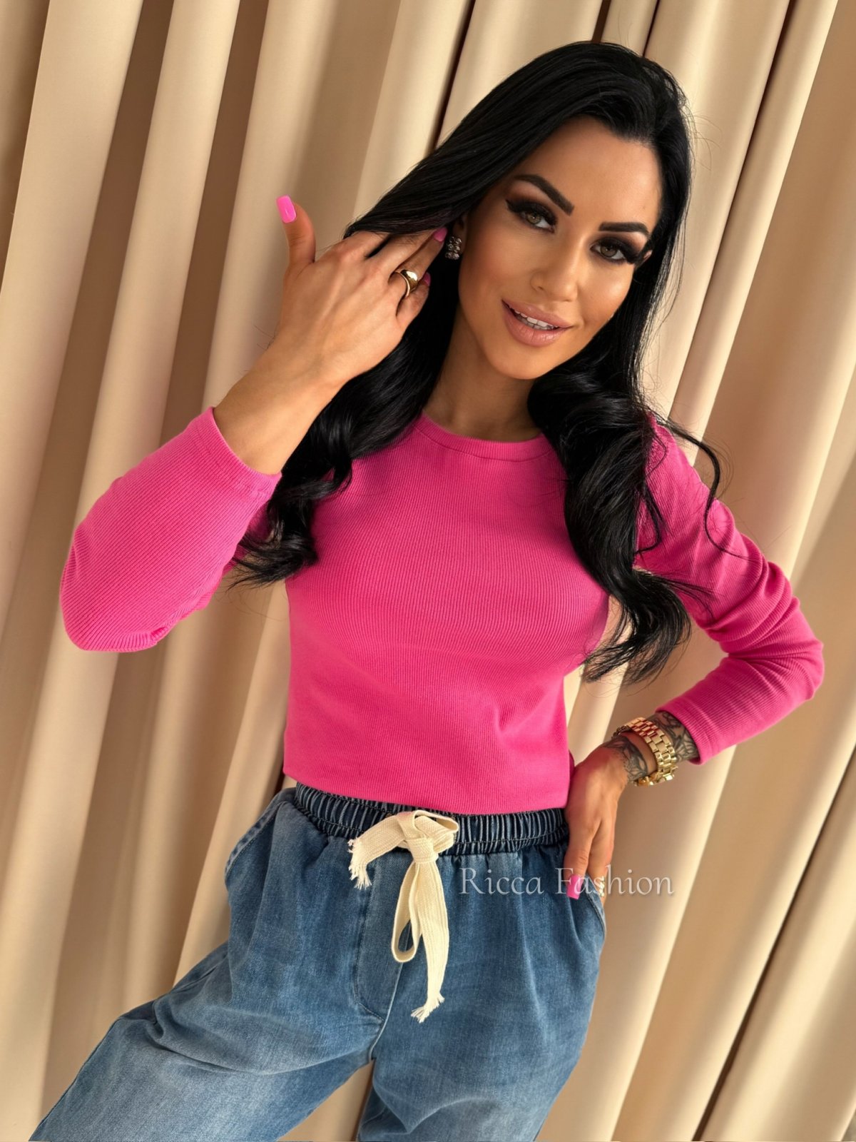 Bluzka bawełniana prążek PATTY, barbie pink